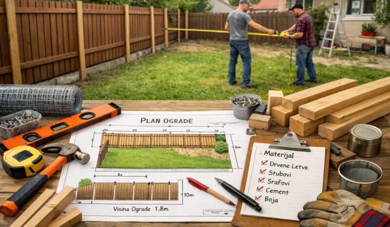 Planiranje izgradnje ograde u dvorištu sa nacrtom, alatom i merenjem terena pre postavljanja ograde