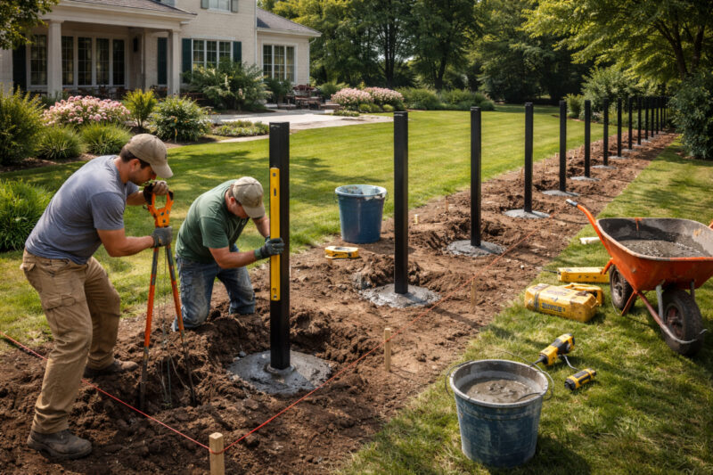 Postavljanje metalnih stubova za dvorišnu ogradu u beton sa nivelisanjem i obeleženim razmakom