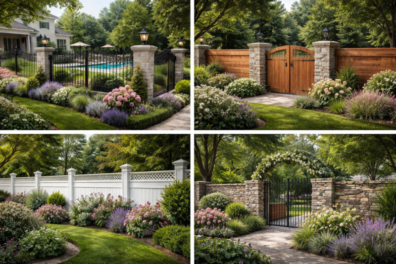 Uporedni prikaz dvorišnih ograda od metala, drveta, PVC materijala i kamena u uređenim dvorištima