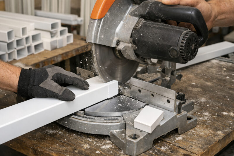 Sečenje PVC letvi na stonoj testeri tokom pripreme elemenata za montažu PVC ograde