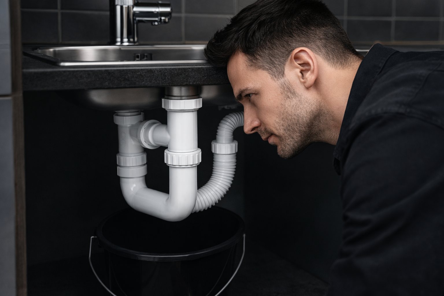 Covek vizuelno pregleda sifon ispod kuhinje pre zamene